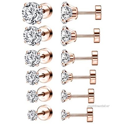 6 Pairs Shiny Round Cubic Zirconia Surgical Steel Stud Earrings Tragus Helix Conch Piercing Cartilage Sets