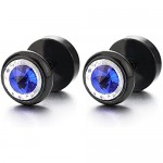 8MM Mens Womens Black Circle Stud Earrings with Blue Spiked Gem Stone Cheater Fake Ear Plugs Gauges