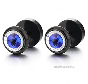 8MM Mens Womens Black Circle Stud Earrings with Blue Spiked Gem Stone Cheater Fake Ear Plugs Gauges