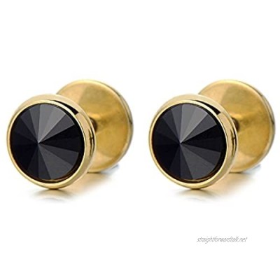 8MM Mens Womens Gold Stud Earrings Steel Cheater Fake Ear Plugs Gauges with Black Spike CZ 2pcs