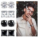 Adramata 10 Pairs Stainless Steel Stud Earrings for Men Women CZ Black Cubic Square Pierced Earrings Jewelry Set 6-8MM