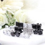 Adramata 10 Pairs Stainless Steel Stud Earrings for Men Women CZ Black Cubic Square Pierced Earrings Jewelry Set 6-8MM