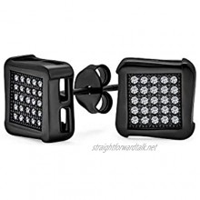 Black Geometric Square Pave CZ Cubic Zirconia Square Stud Earrings For Men Black Plated 925 Sterling Silver 8 10 MM