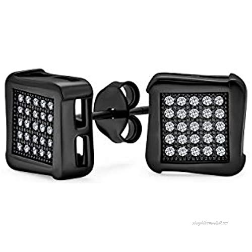Black Geometric Square Pave CZ Cubic Zirconia Square Stud Earrings For Men Black Plated 925 Sterling Silver 8 10 MM