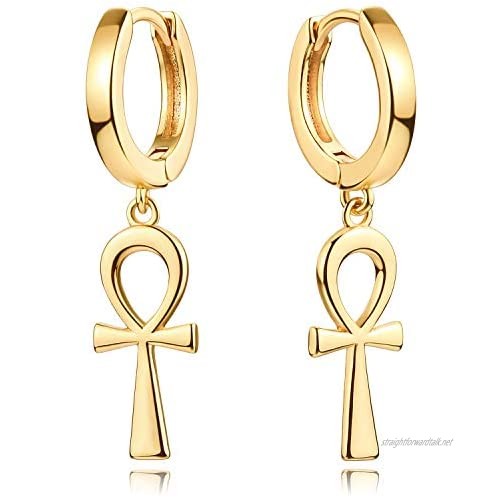 DREMMY STUDIOS Dainty Gold Huggie Hoop Earrings 18K Gold Plated Dangle Simple Drop Delicate Spike Ankh Cross Twist Hoop Earrings for Women Gift for Her