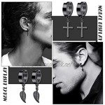 Finrezio 9 Pairs Punk Earrings for Men Stainless Steel Stud Earrings Feather Cross Dangle Hoop Earrings Set Black/Sliver