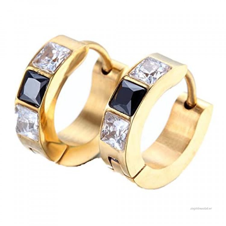 HAMANY Jewelry Mens Stainless Steel CZ Hoop Huggie Earrings Black White Gold