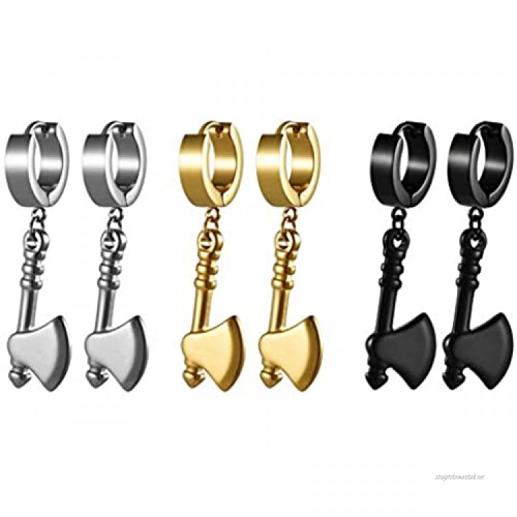 JewelryWe 3Pairs Unique Axe Earrings Fashion Trend Stainless Steel Hatchet Dangling Stud Earrings Set for Men Women
