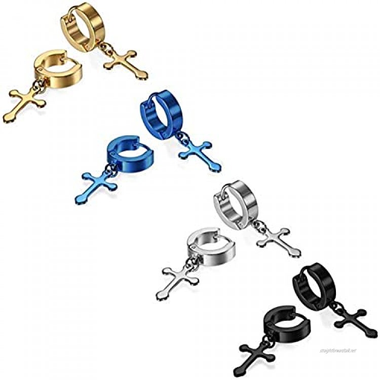LEEQ 4 Pairs Stainless Steel Cross Dangle Hinged Hoop Huggie Earrings for Men Women（-）