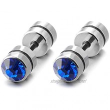 Men Women Barbell Dumbbell Circle Stud Earring with 5MM Blue Faceted CZ Steel Cheater Fake Ear Plug