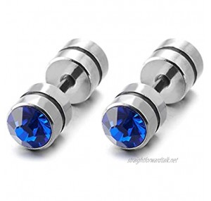 Men Women Barbell Dumbbell Circle Stud Earring with 5MM Blue Faceted CZ Steel Cheater Fake Ear Plug