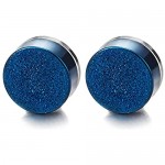 Men Women Steel Magnetic Blue Satin Circle Stud Earrings Non-Piercing Clip On Cheater Fake Gauges