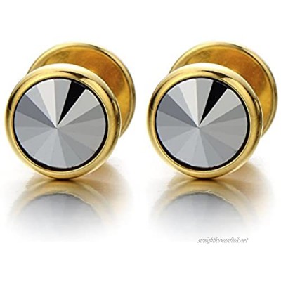 Mens Gold Stud Earrings Stainless Steel Cheater Fake Ear Plugs Gauges with Metallic Spike Cz 2pcs