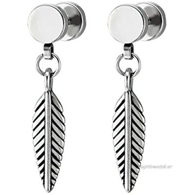 Mens Women Barbell Circle Stud Earrings with Dangling Leaf Feather Stainless Steel Screw Back 2pcs