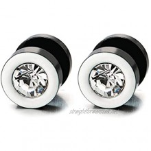 Mens Womens White Black Stud Earrings Steel Illusion Tunnel Plug Screw Back with 6MM CZ