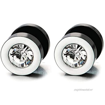 Mens Womens White Black Stud Earrings Steel Illusion Tunnel Plug Screw Back with 6MM CZ