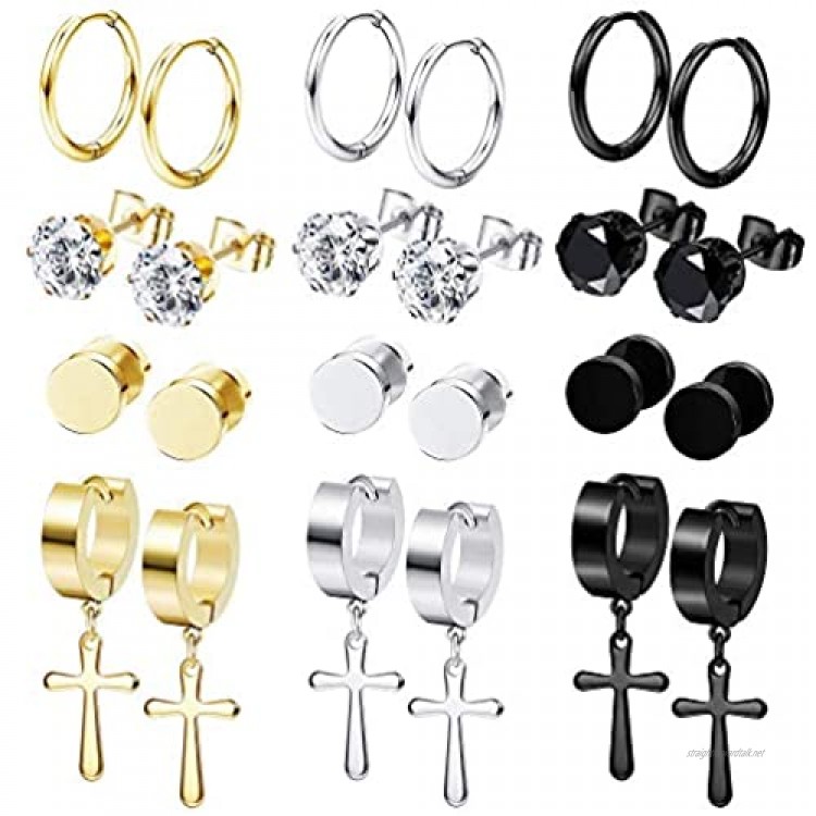Milacolato 12 Pairs Stainless Steel Earrings for Men Women Vintage Cross Dangle Hinged Earrings Hoop CZ Stud Earrings Tunnel Earrings Piercing Set 6MM 8MM 10MM
