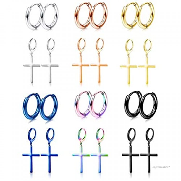 Milacolato 12Pairs Stainless Steel Cross Earrings Dangle Hinged Earrings Cross Hoop Earrings Huggie Earrings for Men and Women