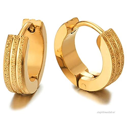 Pair Gold Color Grooved Stripes Huggie Hinged Hoop Earrings Unisex Men Women Polished and Satin