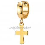 Pair Stainless Steel Gold Color Huggie Hinged Hoop Earrings with Dangling Flat Cross Men Women