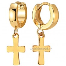 Pair Stainless Steel Gold Color Huggie Hinged Hoop Earrings with Dangling Flat Cross Men Women