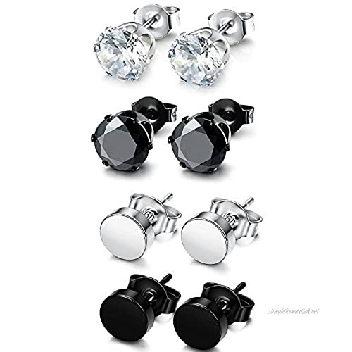 Sailimue 4 Pairs Stainless Steel Stud Earrings for Men Women Round CZ Earrings Black and White 5mm