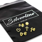 Silverline Jewelry 3 Pairs Stainless Steel Dainty Heart Cross Tiny Disc Stud Earrings Set for Women Men & Teens