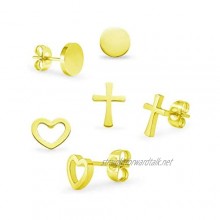 Silverline Jewelry 3 Pairs Stainless Steel Dainty Heart Cross Tiny Disc Stud Earrings Set for Women Men & Teens