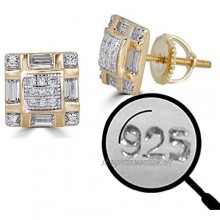 Solid 925 Sterling Silver - 14k Gold Plated - Men's Baguette Micropave Earrings - Iced 1/3" Screw Back Earrings