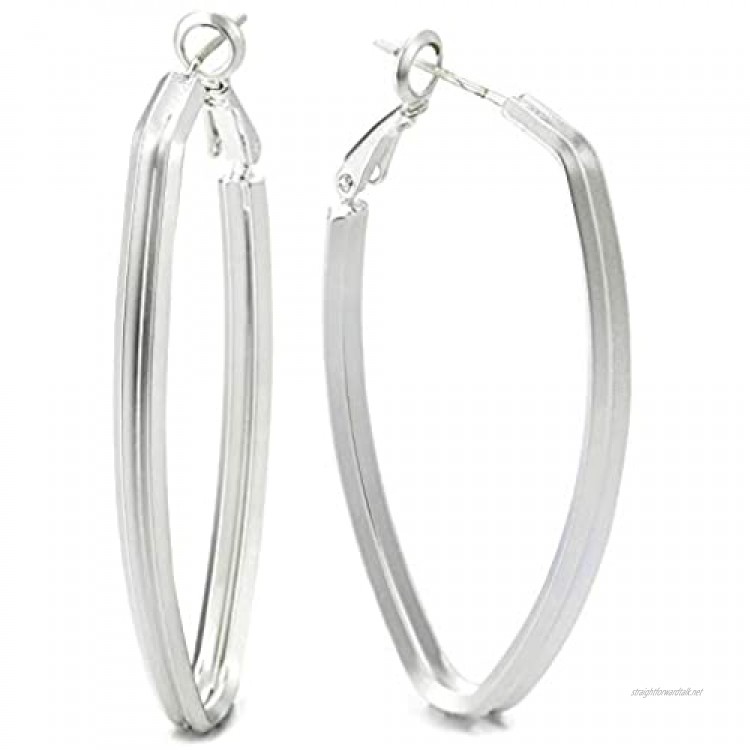 Stylish Large Matt Silver Statement Earrings Grooved Oval Huggie Hinged Hoop Dress Party Event Prom