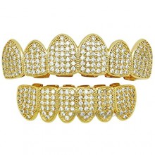 18K Gold Plated Iced Out Hip Hop Poker Top & Bottom Teeth Caps Set