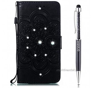 Grandoin Compatible for Sony Xperia 20 Case Mandala series Bling Sparkly Diamonds Gems Premium PU Leather Magnetic Flip Cover with Card Slots Holders Wallet Case (Black)