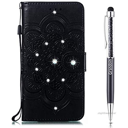 Grandoin Compatible for Sony Xperia 20 Case Mandala series Bling Sparkly Diamonds Gems Premium PU Leather Magnetic Flip Cover with Card Slots Holders Wallet Case (Black)
