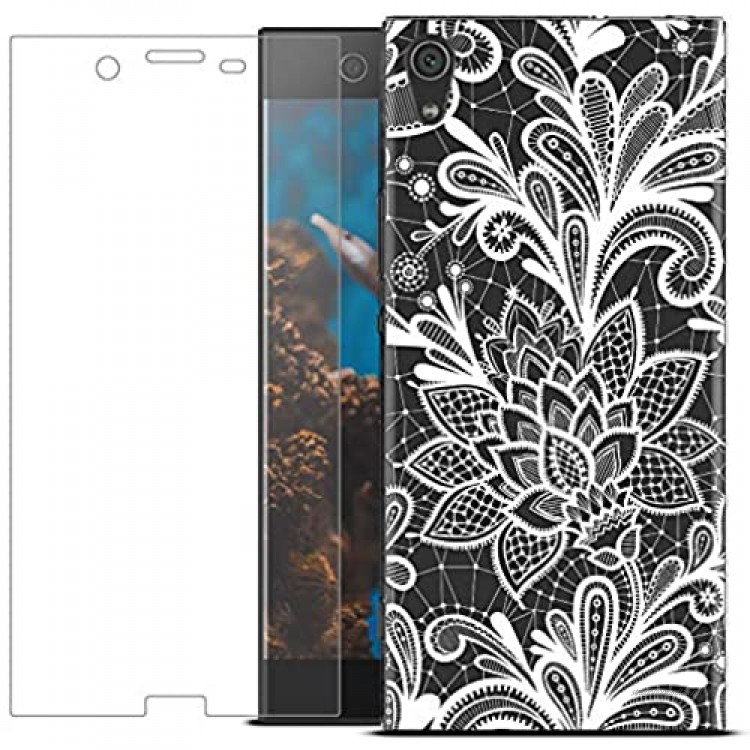 MadBee Sony Xperia XA1 Ultra Case + Tempered Glass Screen Protector Colorful Pattern Printed Design Clear Soft Flexible TPU Protective Cover Case for Sony Xperia XA1 Ultra (White 1)