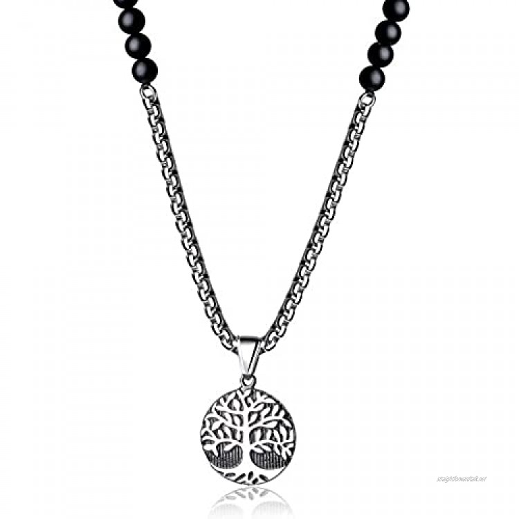 coai Mens Tree of Life Pendant Onyx Stone Beaded Mala Necklace
