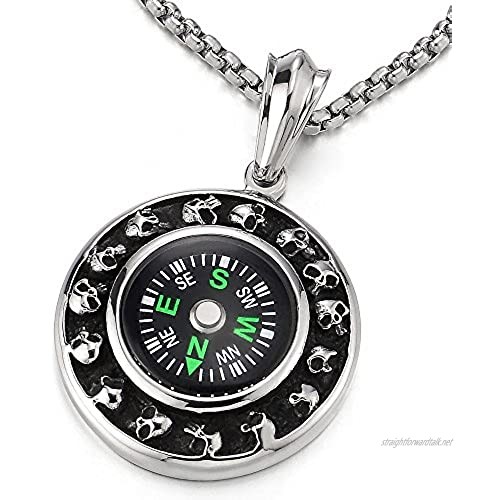 COOLSTEELANDBEYOND Mens Boys Silver Black Circle Skull Compass Pendant Necklace Stainless Steel 30 inches Wheat Chain