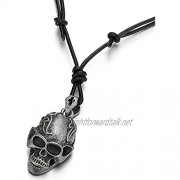 COOLSTEELANDBEYOND Punk Rock Vintage Skull Pendant Necklace for Men Boys with Adjustable Black Leather Cord