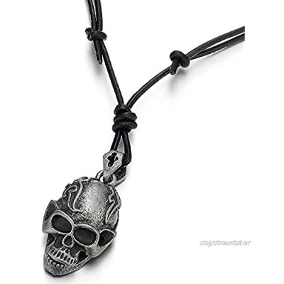 COOLSTEELANDBEYOND Punk Rock Vintage Skull Pendant Necklace for Men Boys with Adjustable Black Leather Cord