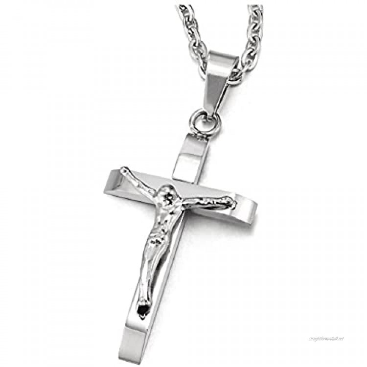 COOLSTEELANDBEYOND Two-Layer Small Stainless Steel Small Jesus Christ Crucifix Cross Pendant Necklace for Men Women
