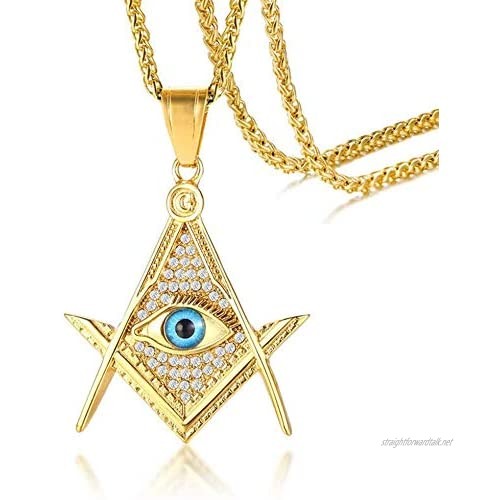 Free-Mason Eye of Providence Illuminati Pyramid All Seeing Eye Pendant for Men Stainless Steel with CZ Stone Punk Necklaces