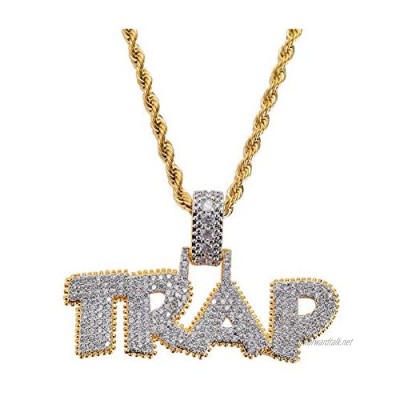 KMASAL Jewelry Hip Hop Iced Out Bubble Letter TRAP Pendant Necklace 18K Gold Micro-Pave Simulated Diamond Cubic Zirconia Necklace for Men Women