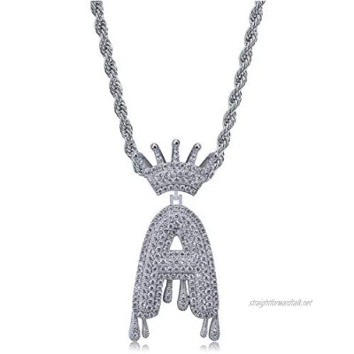 LC8 Jewelry Unisex Hip Hop Micro-Pave Simulated Diamond Iced Out Bling Shiny Crowned Initial Dripping Bubble Letters CZ Pendant with Rope Chain for Men Women
