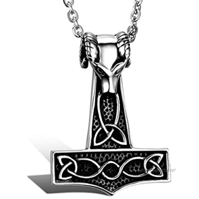 Oidea Stainless Steel Mens Celtic Knot Wolf Thors Hammer Pendant Necklace for Biker 22" Chain Silver Black Colour (with Gift Bag)