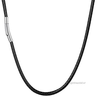U7 Black Leather Cord Necklace with Stainless Steel Clasp 2mm/3mm Men Women Woven Wax Rope Chain for Pendant Length 16 Inch to 30 Inch