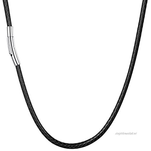 U7 Black Leather Cord Necklace with Stainless Steel Clasp 2mm/3mm Men Women Woven Wax Rope Chain for Pendant Length 16 Inch to 30 Inch