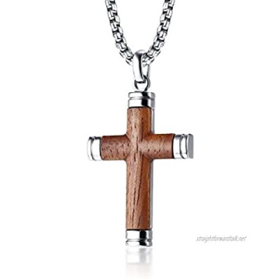 VNOX Two-Tone Stainless Steel Brazil Rosewood Wood Christian Baptism Jesus Cross Pendant Necklace for Men 24" Rolo Chain