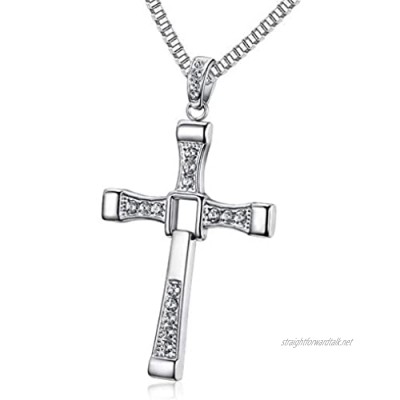 XCFS BEAUTY 925 Sterling Silver Genuine Rhinestone CZ Fast and Furious 7 Cross Charm Pendant Necklace for Men