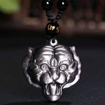 Feng Shui Pendant Necklace Prosperity Tiger Head Silver Obsidian Evil Eye Talisman Wealth Necklace Zodiac Animal Amulet for Money Good Luck Business Success Beaded Cord