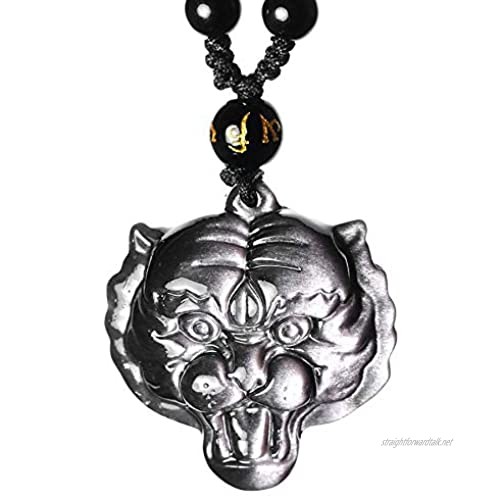 Feng Shui Pendant Necklace Prosperity Tiger Head Silver Obsidian Evil Eye Talisman Wealth Necklace Zodiac Animal Amulet for Money Good Luck Business Success Beaded Cord