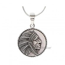 TreasureBay Sterling Silver Indian Chief Headdress Pendant with Chain for Men Biker Silver Pendant